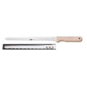 Isoleringskniv KT370021 fra brandet kt37 med træ skæfte og bølge dobbelt skær og skede i pap med knivens detaljer angiven