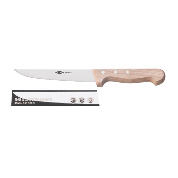 Isoleringskniv KT370024 fra brandet kt37 med træ skæfte og skede i pap med knivens detaljer angiven