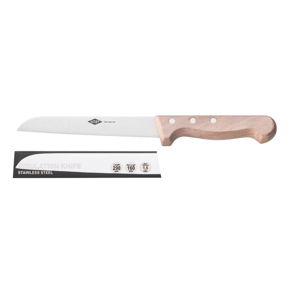 Isoleringskniv KT370025 fra brandet kt37 med træ skæfte og skede i pap med knivens detaljer angiven